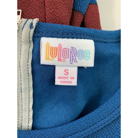 Womens Small Fit & Flare Dress Burgundy Red Blue‎ Short Sleeve Pockets - Picture 4 of 6